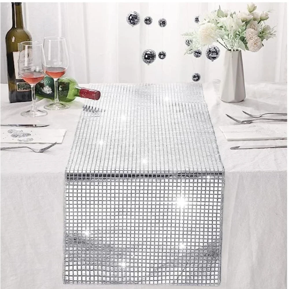 DISCO Retro Metallic Tile Sequin Table Runner Decor 2 pc Bundle NWT